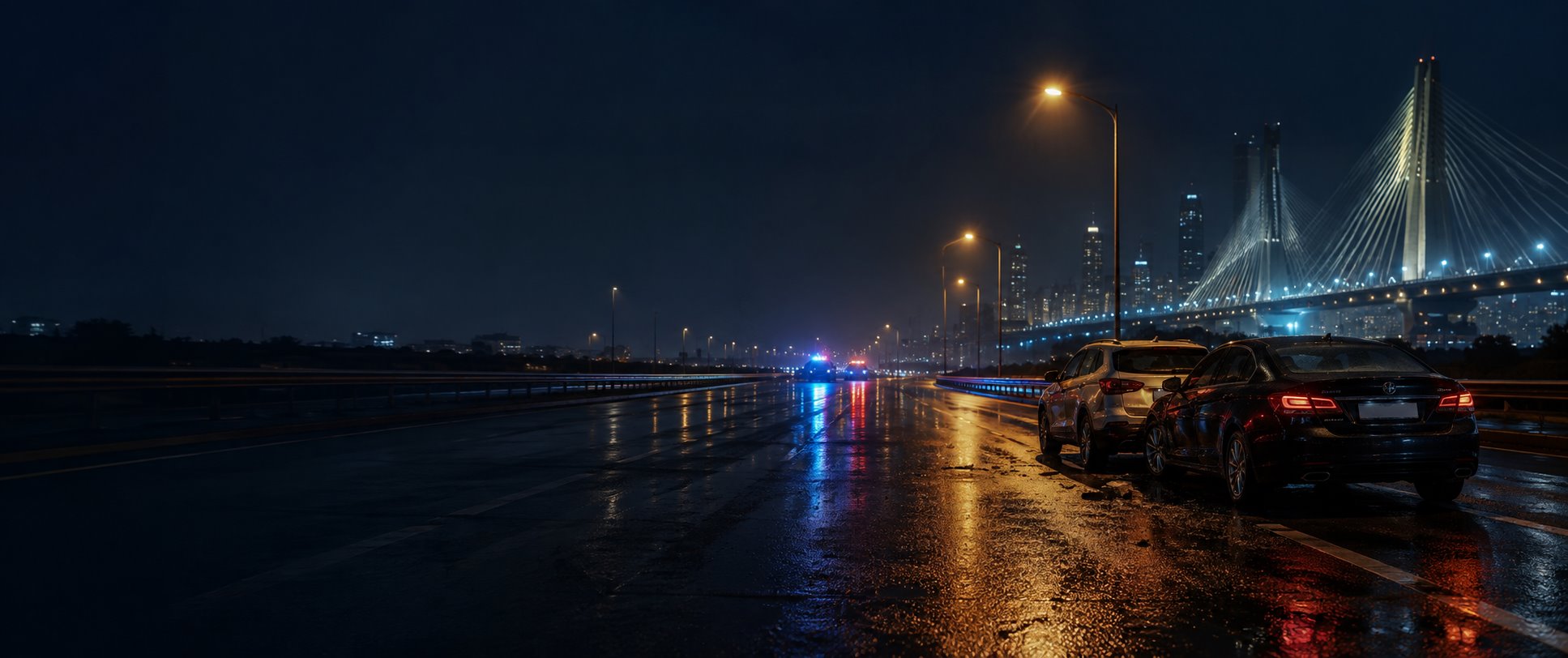 夜間跨境公路上的交通意外現場